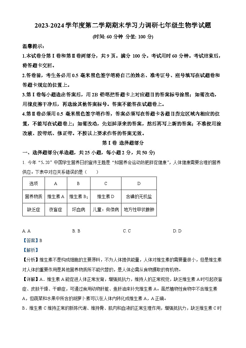 山东省滨州市阳信县2023-2024学年七年级下学期期末生物学试题（解析版）第1页