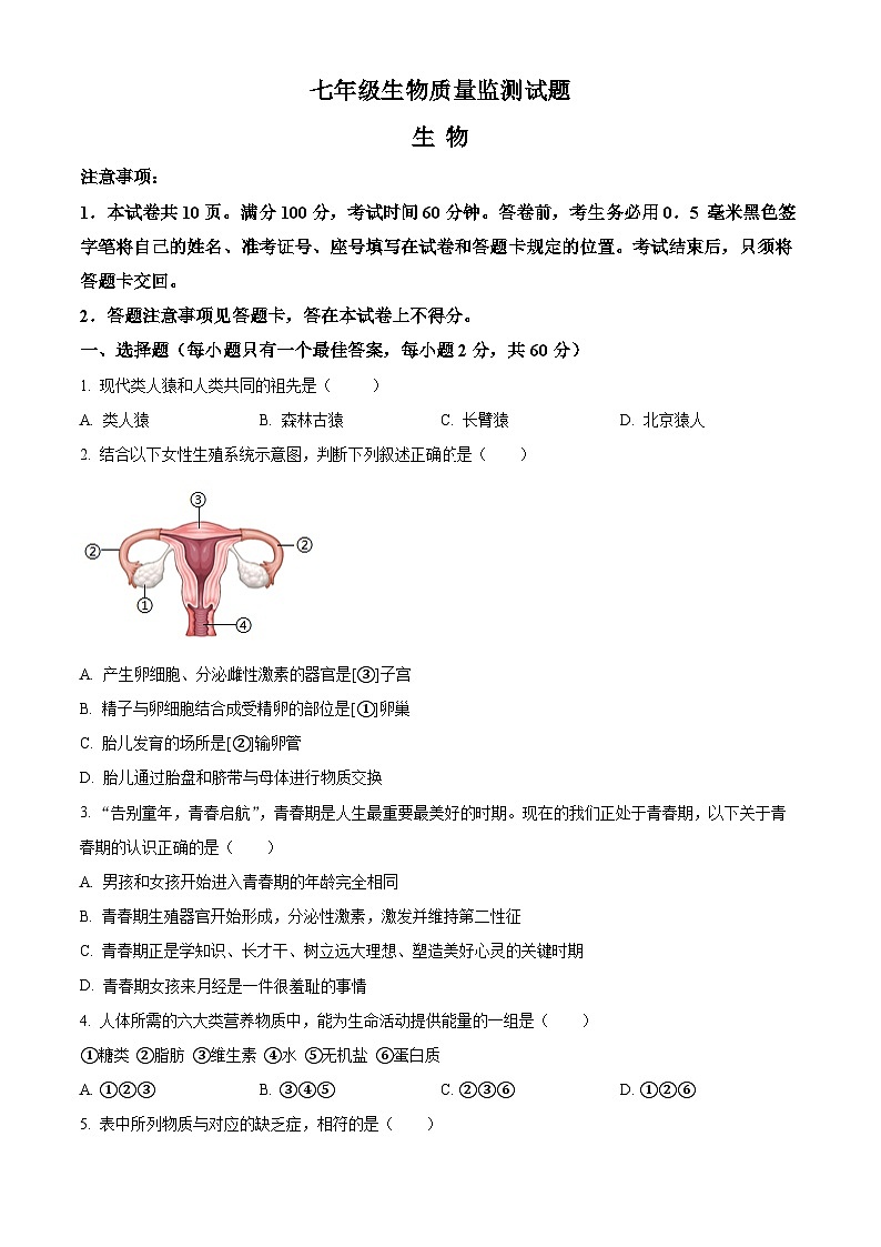 山东省临沂市费县2023-2024学年七年级下学期期末生物学试题（原卷版）第1页
