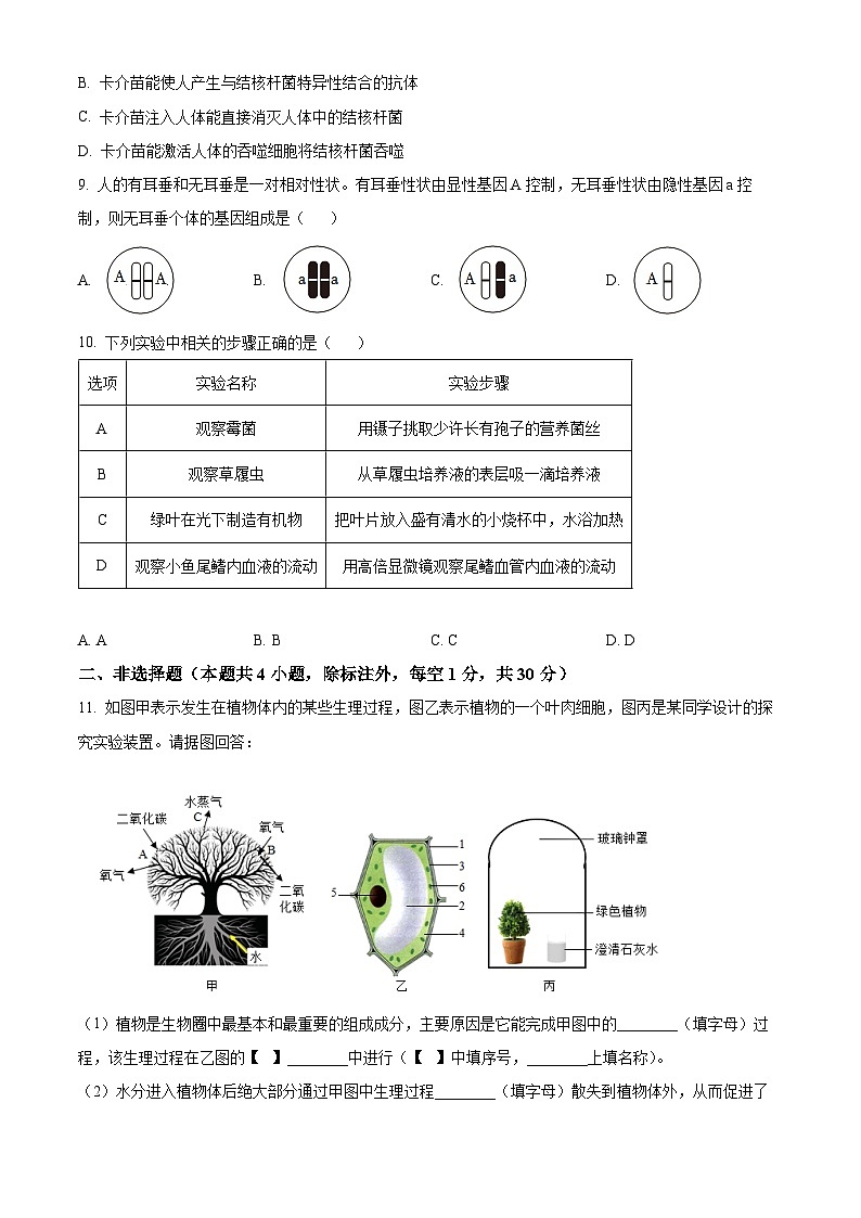 湖北省黄冈市麻城市2023-2024学年八年级下学期期中生物学试题（原卷版+解析版）03
