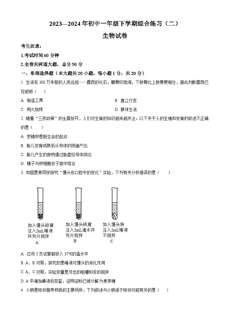 黑龙江省佳木斯市富锦市部分学校2023-2024学年七年级下学期期末生物学试题（原卷版）第1页