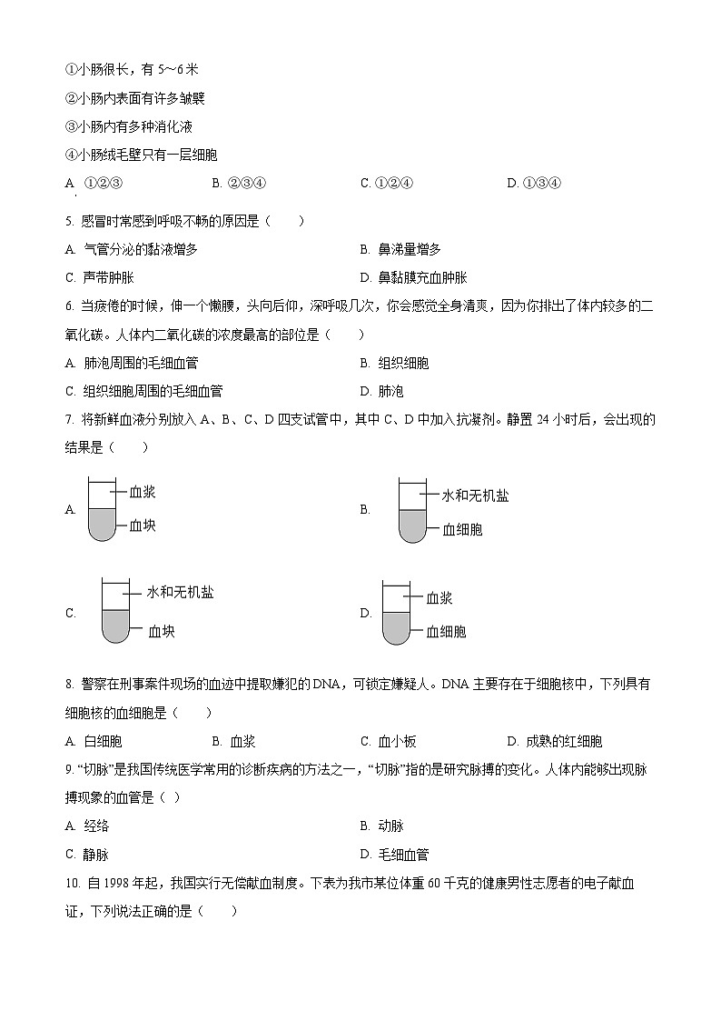黑龙江省佳木斯市富锦市部分学校2023-2024学年七年级下学期期末生物学试题（原卷版）第2页