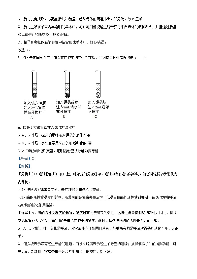黑龙江省佳木斯市富锦市部分学校2023-2024学年七年级下学期期末生物学试题（解析版）第2页