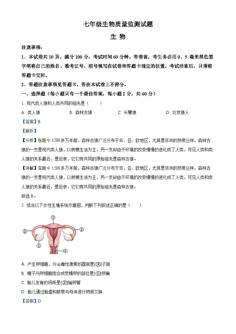 山东省临沂市费县2023-2024学年七年级下学期期末生物学试题（解析版）01