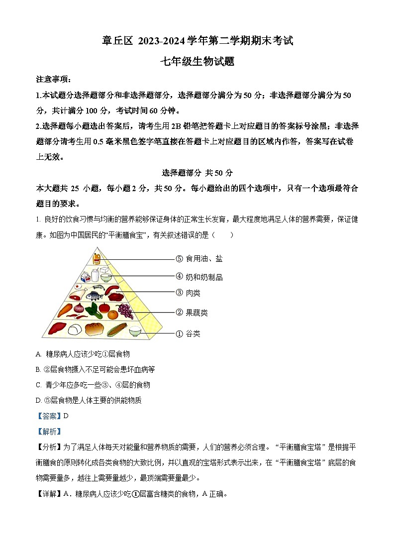山东省济南市章丘区2023-2024学年七年级下学期期末生物学试题（原卷版+解析版）01