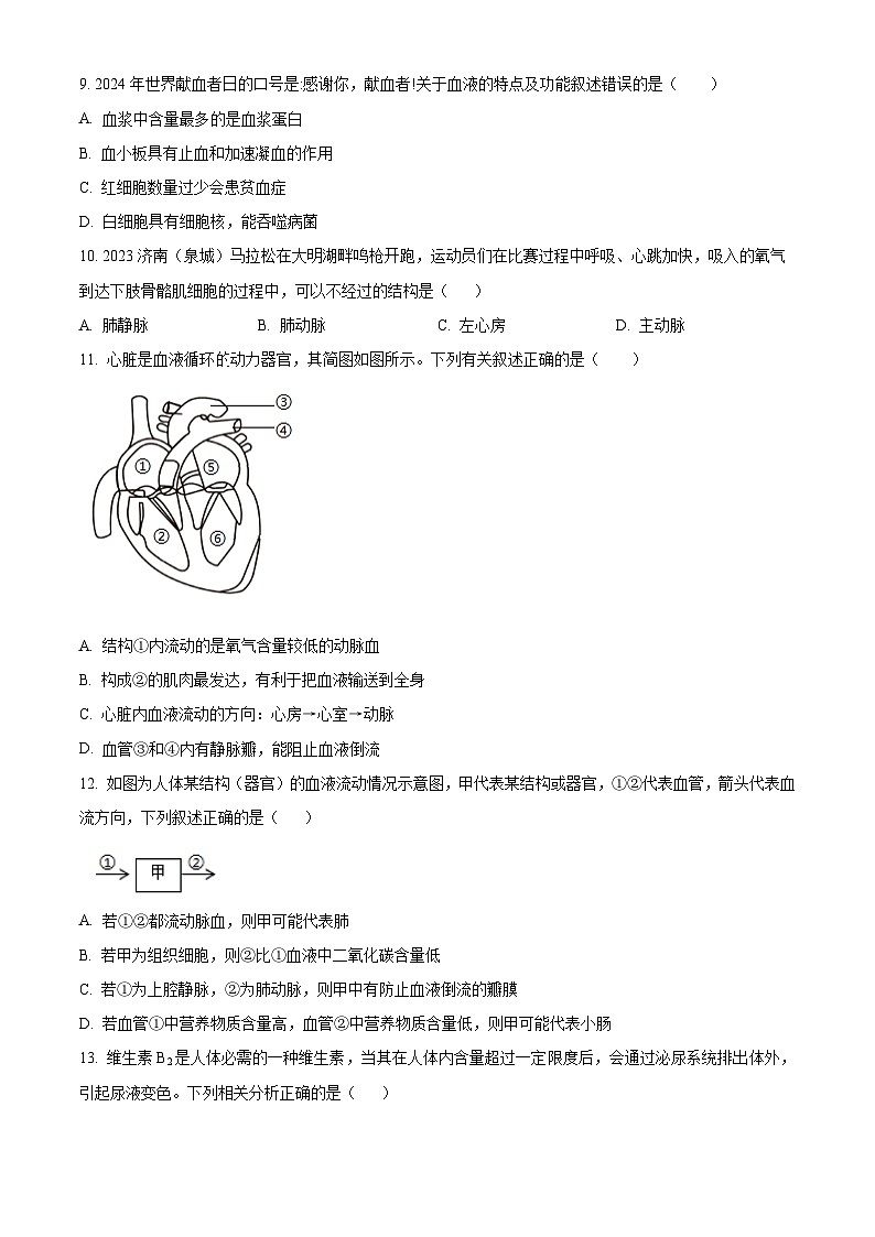 山东省济南市章丘区2023-2024学年七年级下学期期末生物学试题（原卷版+解析版）03