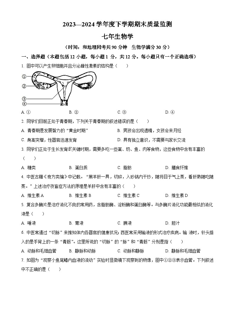 辽宁省沈阳市铁西区2023-2024学年七年级下学期期末生物试题（原卷版）01