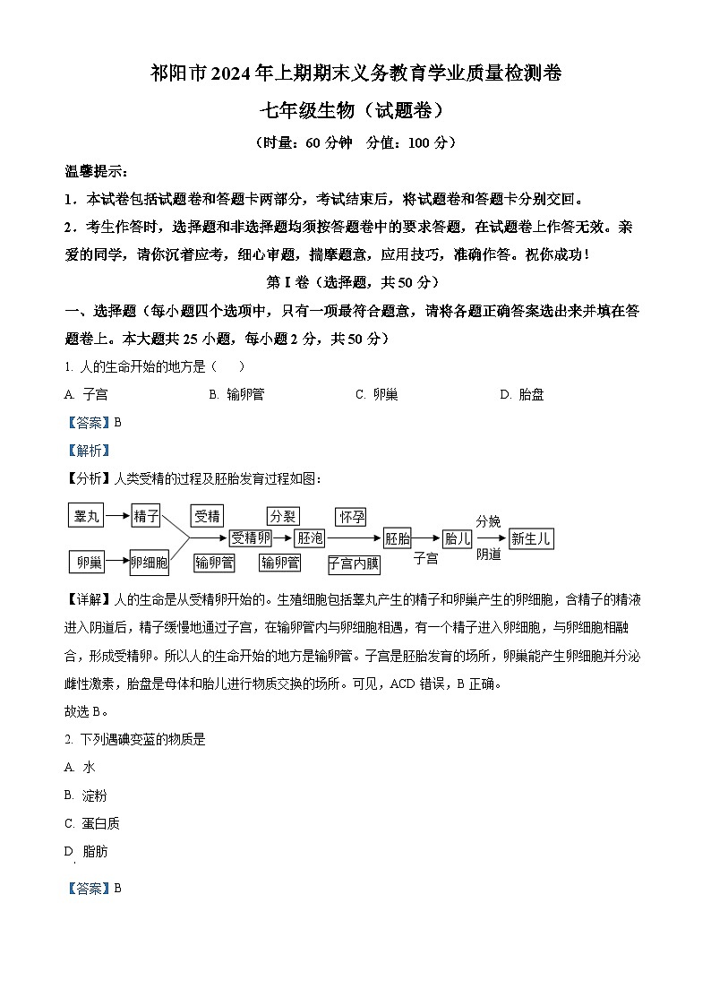 湖南省永州市祁阳市2023-2024学年七年级下学期期末生物学试题（解析版）01