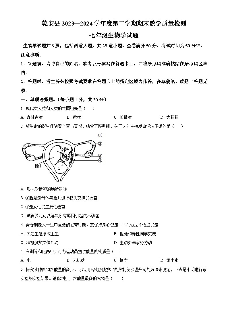 吉林省松原市乾安县2023-2024学年七年级下学期期末生物学试题（原卷版）第1页
