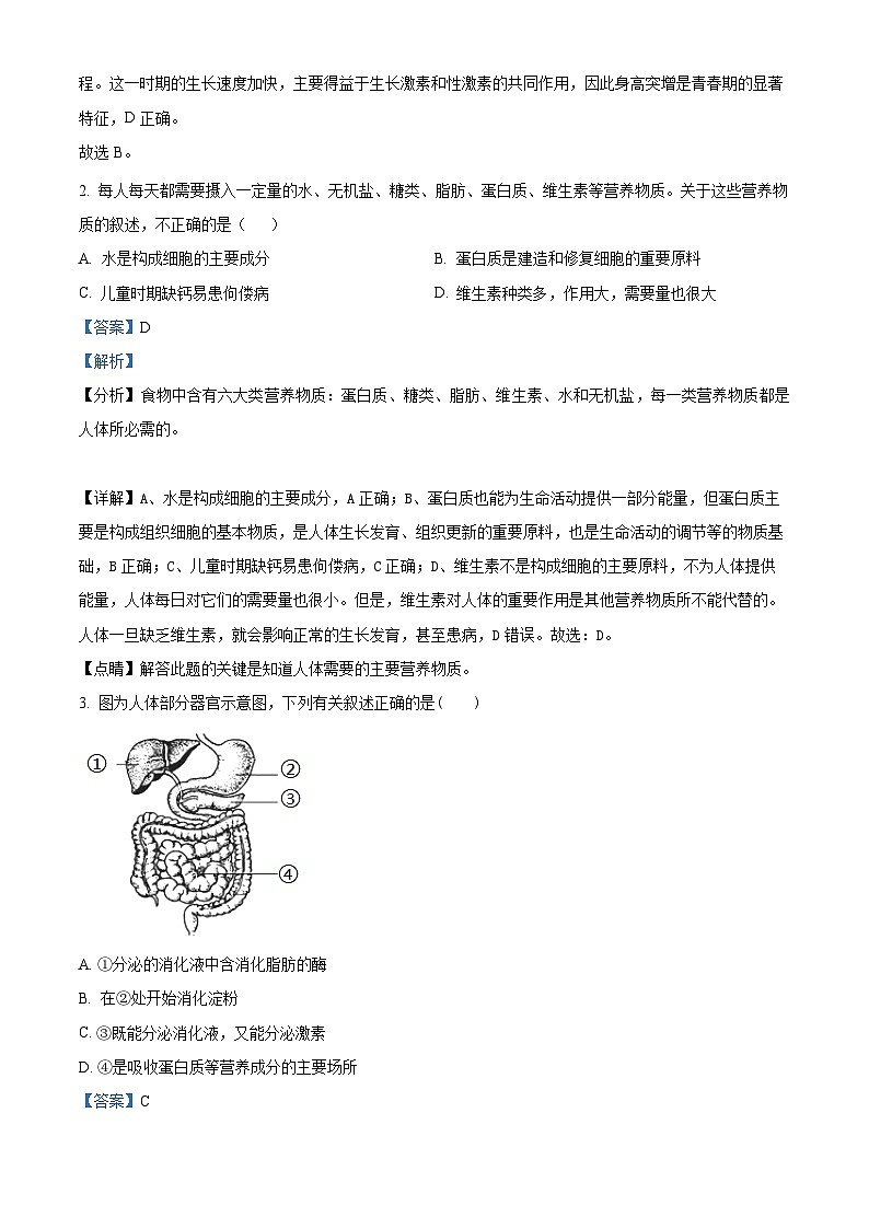 山东省临沂市兰陵县2023-2024学年七年级下学期期末生物学试题（解析版）第2页