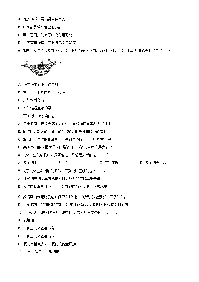 辽宁省大连市瓦房店市2023-2024学年七年级下学期期末生物学试题（原卷版）第2页