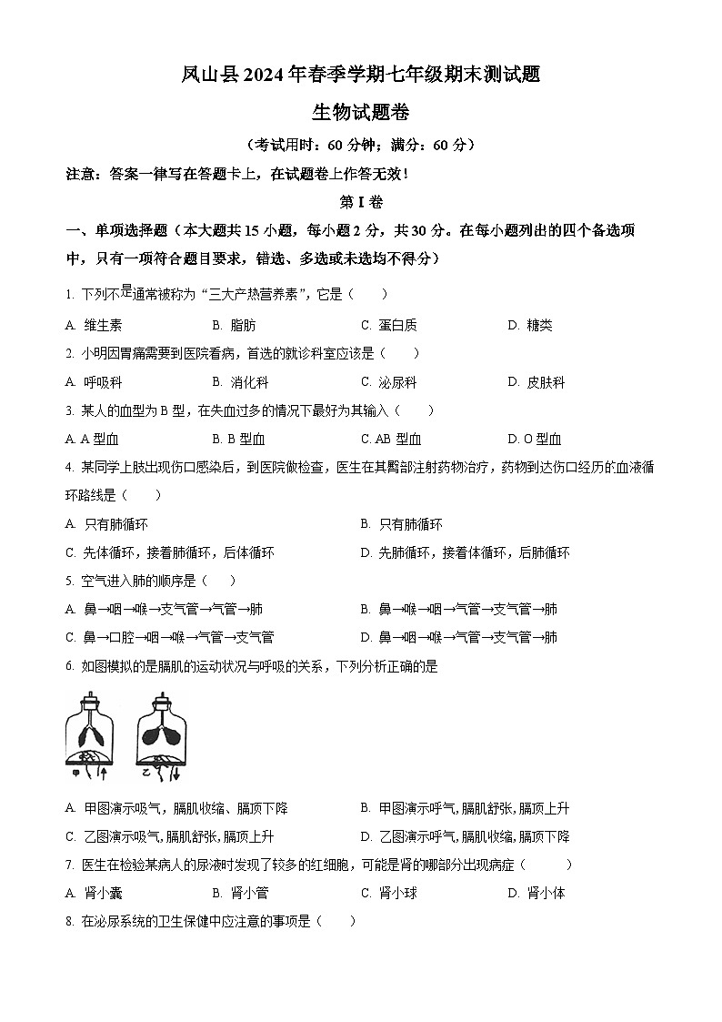 广西河池市凤山县2023-2024学年七年级下学期期末生物学试题（原卷版）第1页