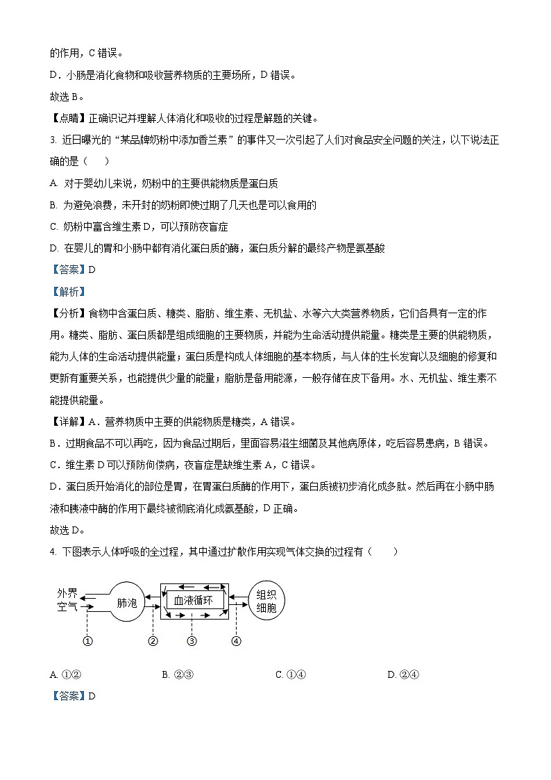 辽宁省大连市瓦房店市2023-2024学年七年级下学期期末生物学试题（解析版）第2页