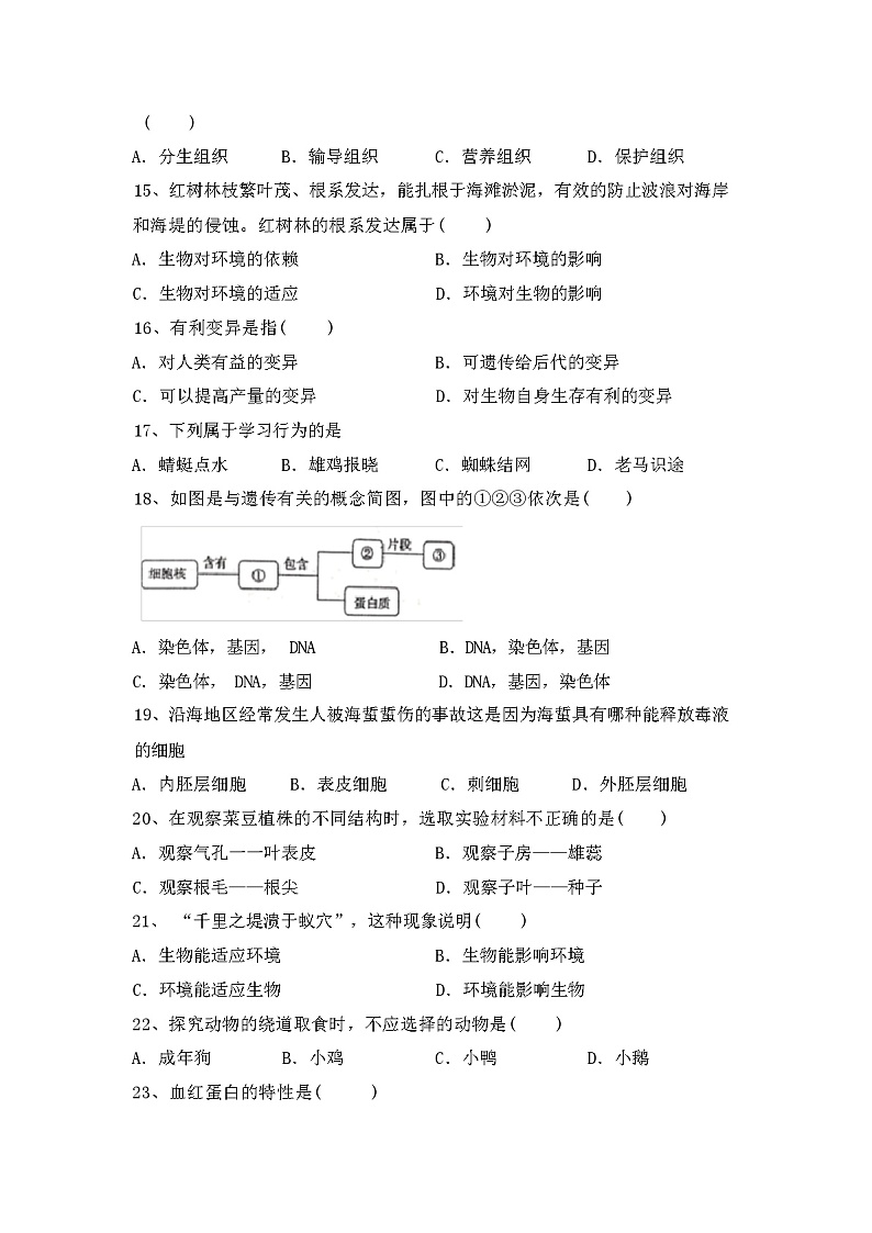 苏教版八年级生物上册期中考试卷第3页