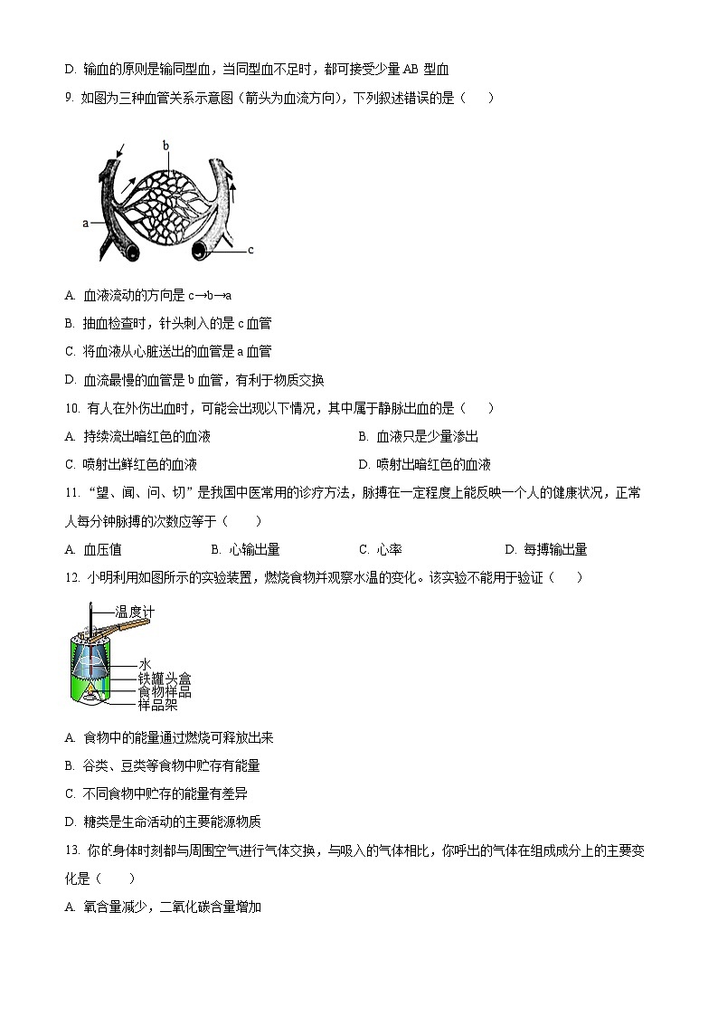云南省玉溪市峨山彝族自治县2023-2024学年七年级下学期期末生物学试题（原卷版）第3页
