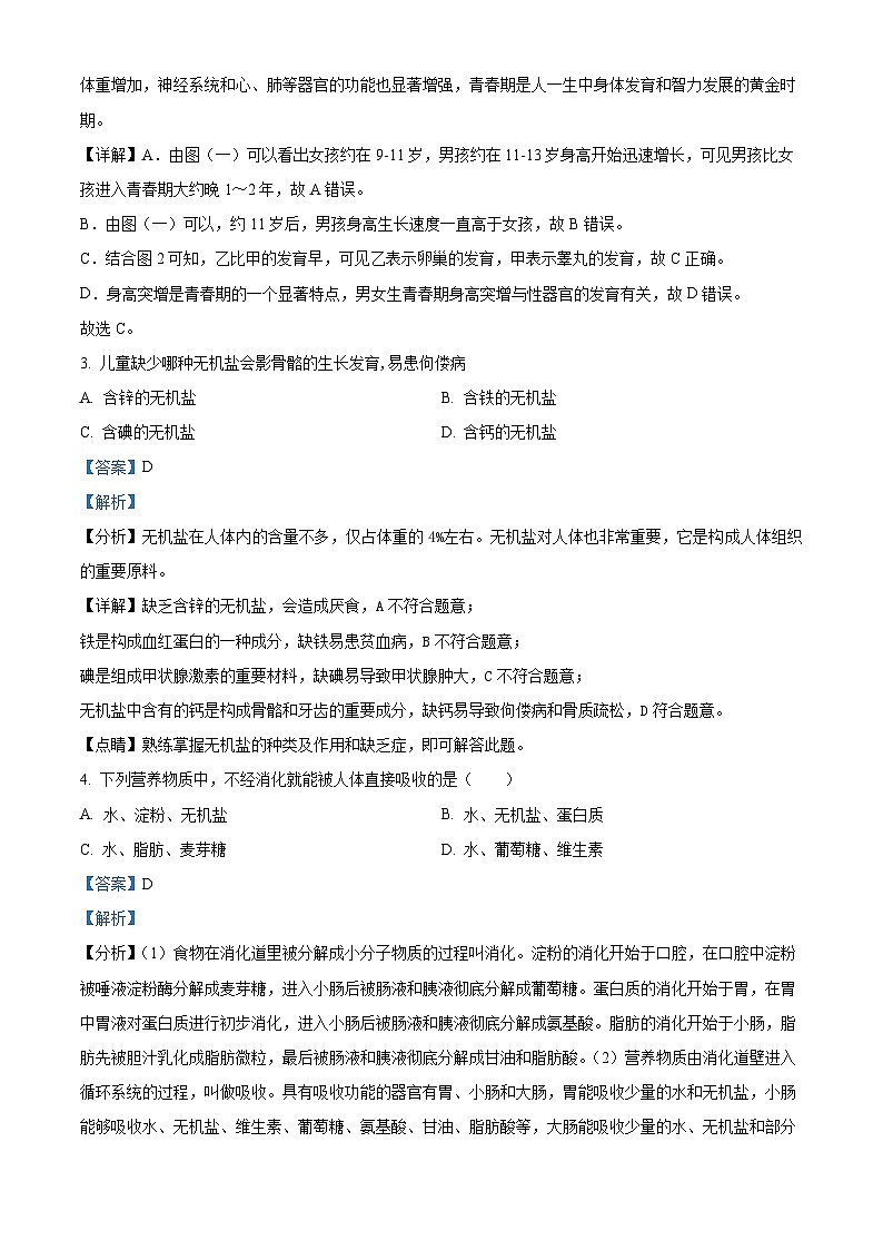 吉林省长春市朝阳区2023-2024学年七年级下学期期末生物学试题（原卷版+解析版）02