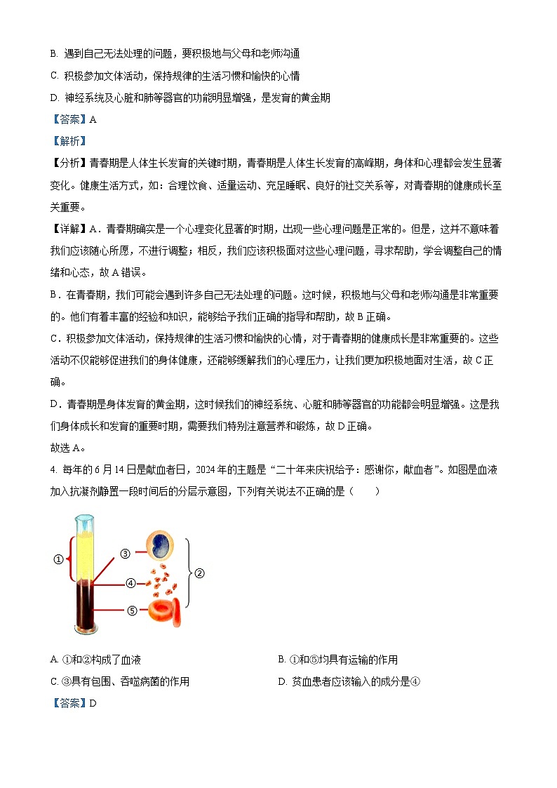 辽宁省大连市沙河口区2023-2024学年七年级下学期期末生物学试题（解析版）第2页