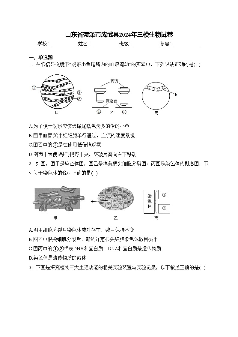山东省菏泽市成武县2024年三模生物试卷(含答案)第1页