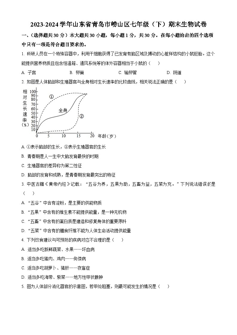 山东省青岛市崂山区2023-2024学年七年级下学期期末生物学试题（原卷版）01