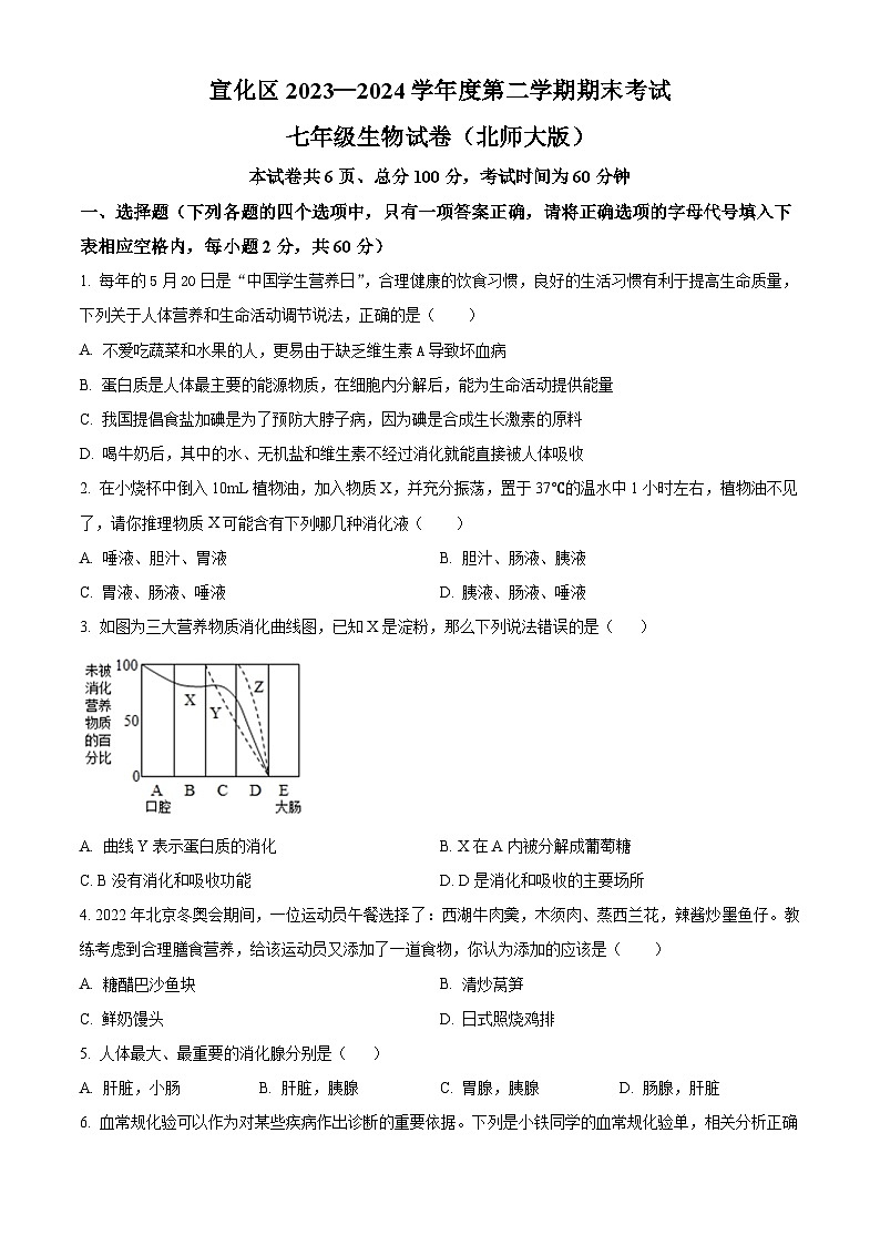 河北省张家口市宣化区2023-2024学年七年级下学期期末生物学试题（原卷版）第1页
