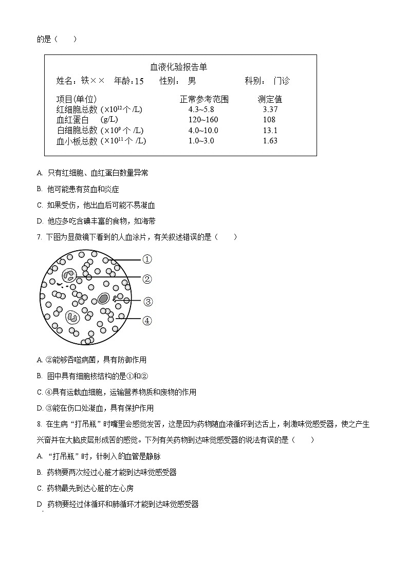 河北省张家口市宣化区2023-2024学年七年级下学期期末生物学试题（原卷版）第2页