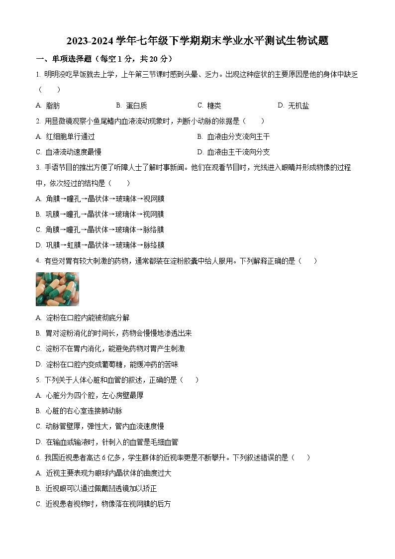 河北省张家口市万全区2023—2024学年七年级下学期期末生物试题（原卷版）第1页