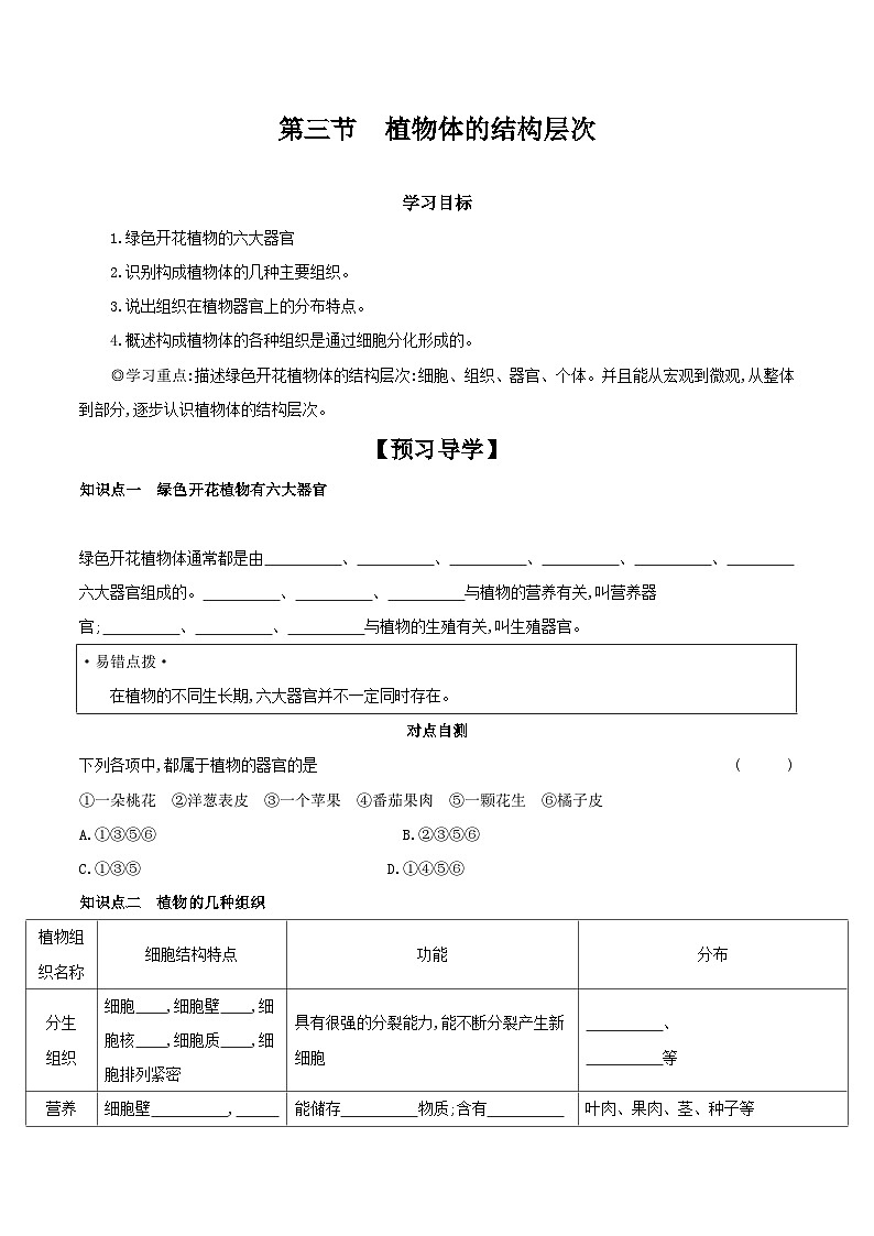 【核心素养】人教版初中生物七年级上册1.3.3《植物体的结构层次》课件＋教案（含教学反思）+学案01