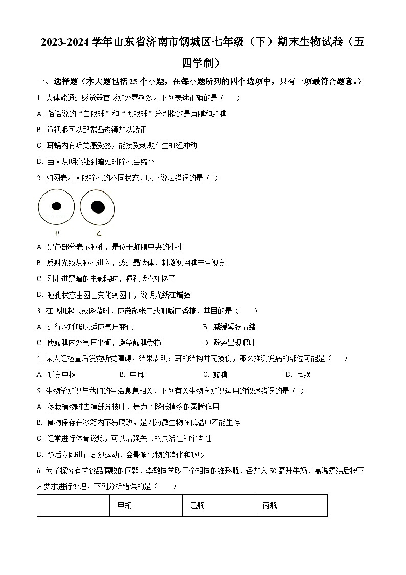 山东省济南市钢城区2023-2024学年七年级下学期期末生物学试题（原卷版）第1页