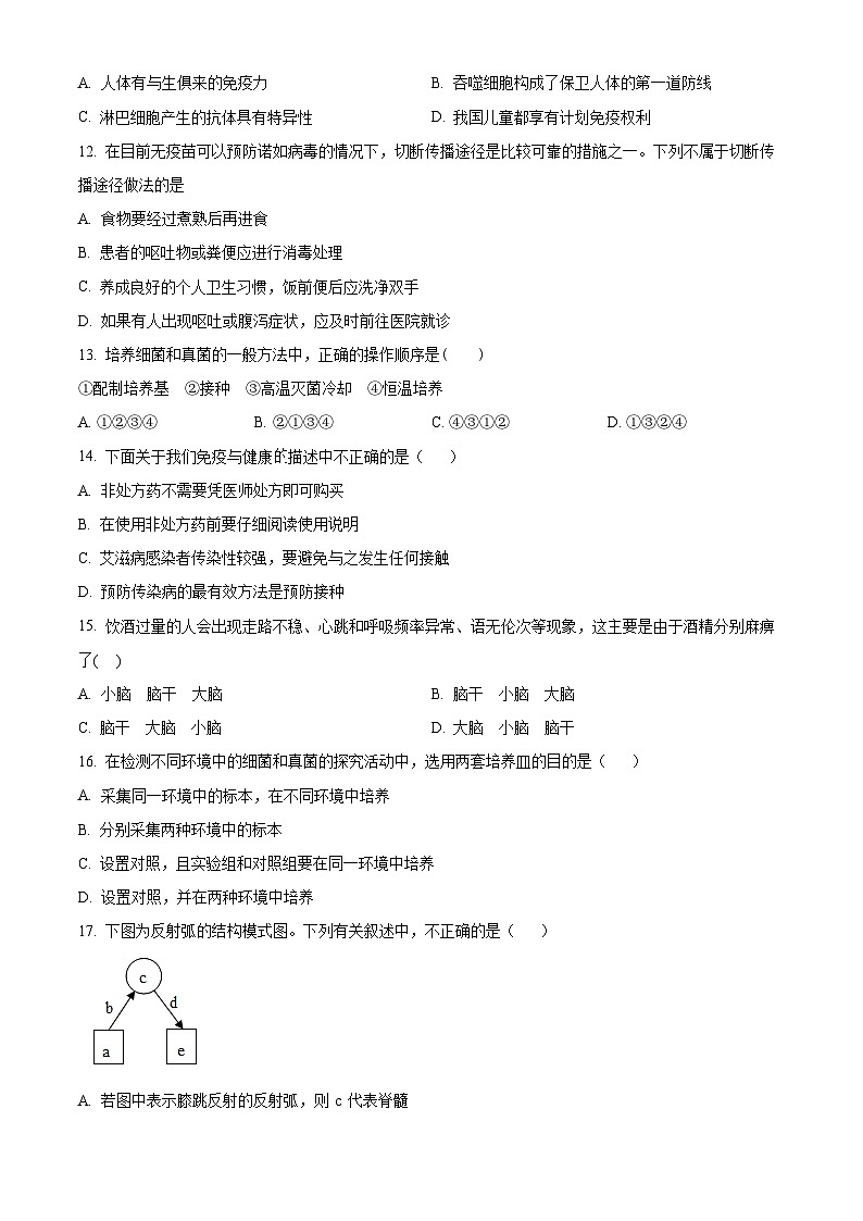 山东省济南市钢城区2023-2024学年七年级下学期期末生物学试题（原卷版）第3页