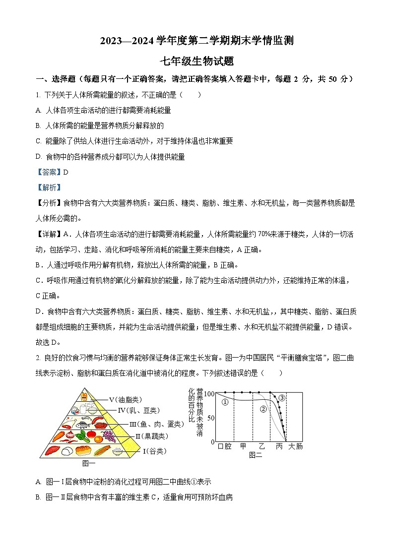 山东省济宁市金乡县2023-2024学年七年级下学期期末生物学试题（解析版）01