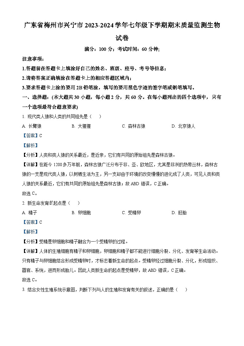 广东省梅州市兴宁市2023-2024学年七年级下学期期末生物学试题（解析版）第1页