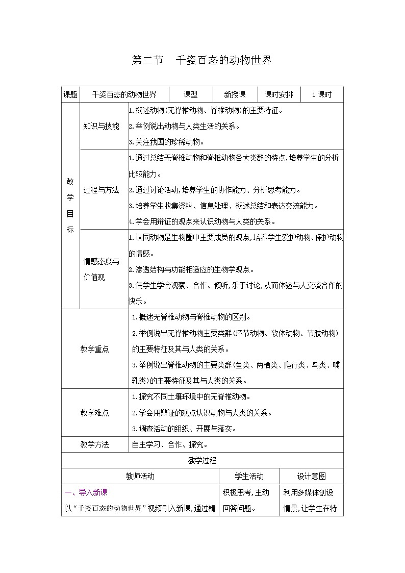 2024秋苏教版初中生物八年级上册14.2千姿百态的动物世界（表格式 教案）01