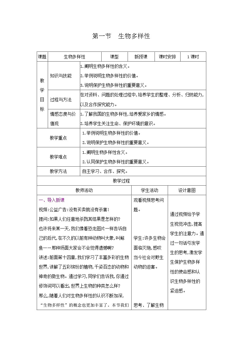 2024秋苏教版初中生物八年级上册15.1生物多样性（表格式 教案）01
