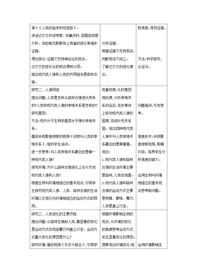 2024秋苏教版初中生物八年级上册16.4人类的起源和进化（表格式 教案）02