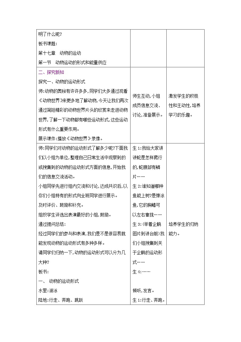 2024秋苏教版初中生物八年级上册17.1动物运动的形式和能量供应（表格式 教案）02