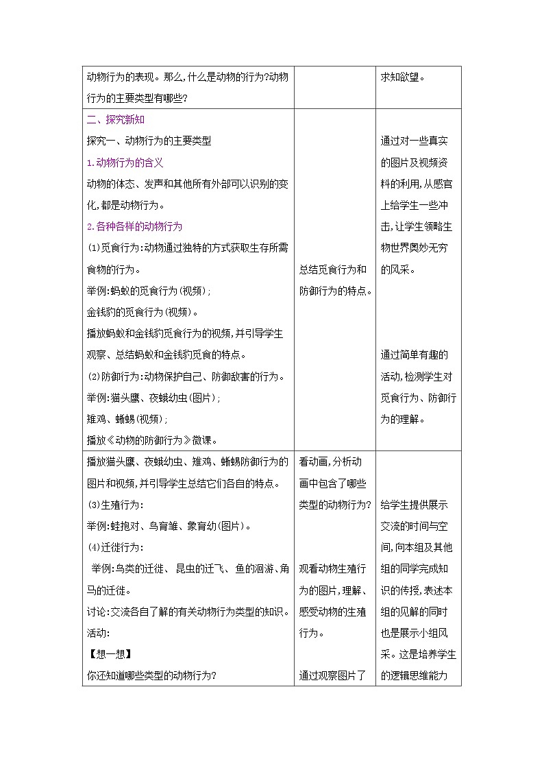 2024秋苏教版初中生物八年级上册18.1动物行为的主要类型（表格式教案）02