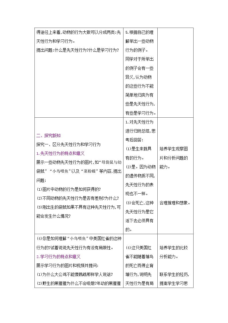 2024秋苏教版初中生物八年级上册18.2动物行为的生理基础（表格式教案）02