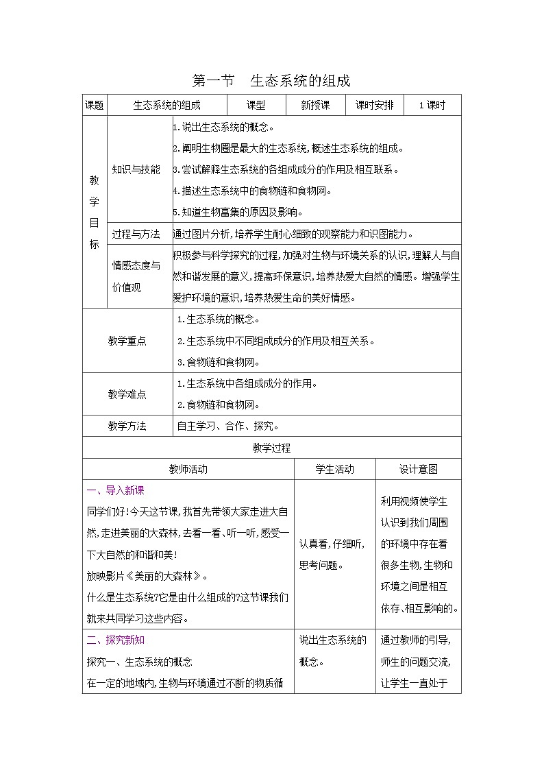 2024秋苏教版初中生物八年级上册第七单元  19.1生态系统的组成（表格式 教案）01