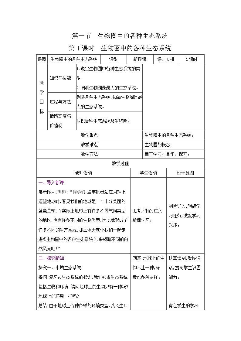 2024秋苏教版初中生物八年级上册20.1生物圈中的各种生态系统（表格式教案）01