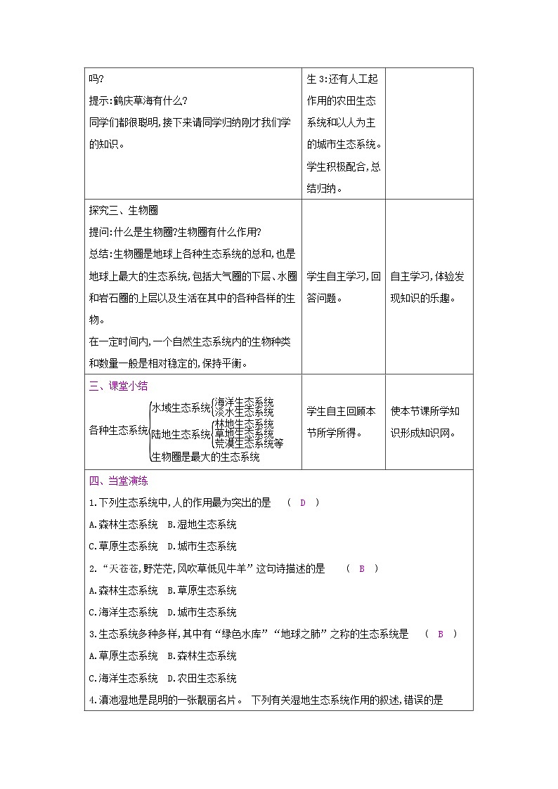 2024秋苏教版初中生物八年级上册20.1生物圈中的各种生态系统（表格式教案）03