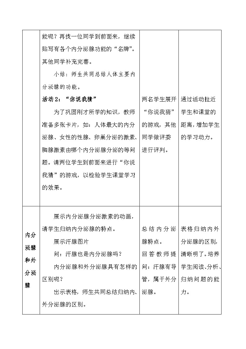 2024秋苏科版初中生物八年级上册16.3人体的激素调节 教案（表格式）第3页