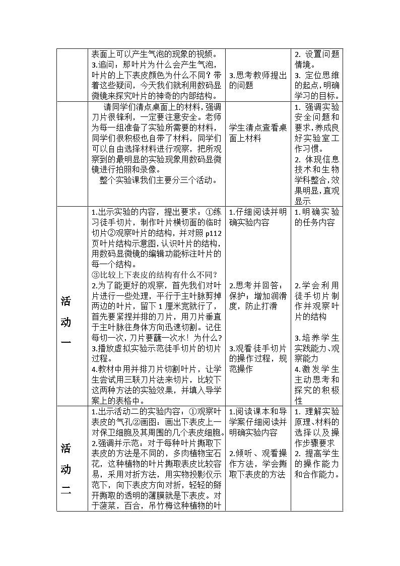 2024秋苏科版初中生物八年级上册18.1绿色植物与生物圈的水循环：《观察叶片的结构和叶表皮的气孔》实验及拓展 教案（表格式）03