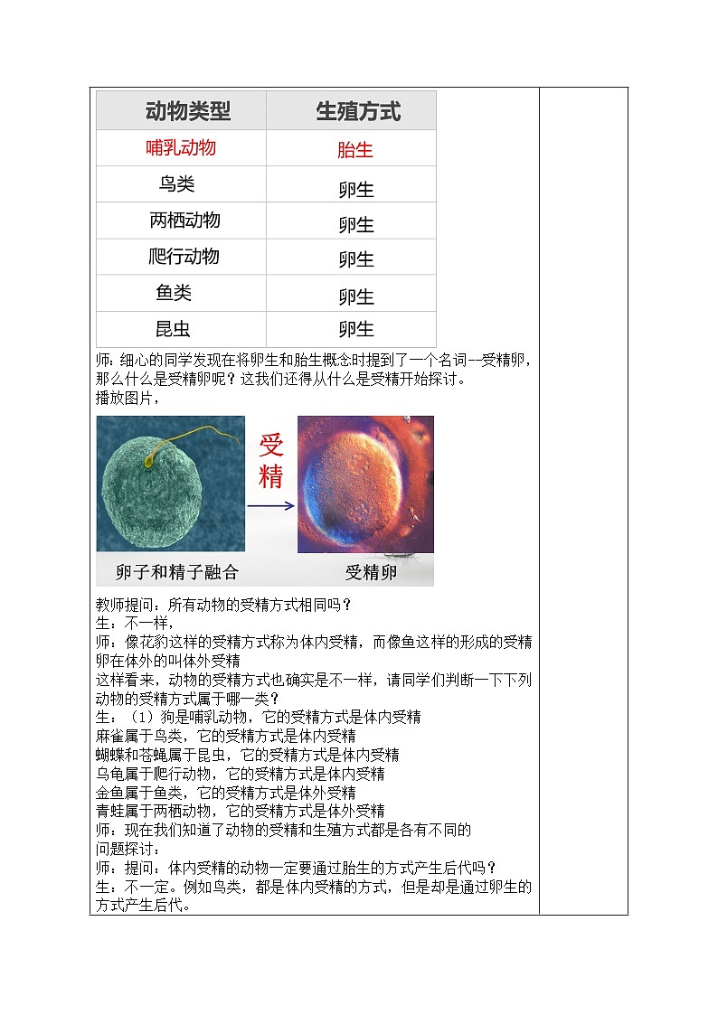 2024秋苏科版初中生物八年级上册20.1动物的生殖 教案（表格式）02