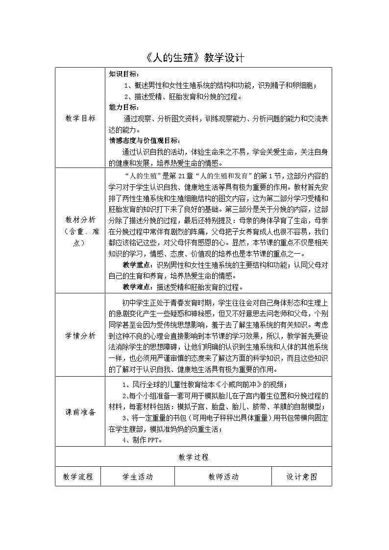 2024秋苏科版初中生物八年级上册21.1人的生殖 教案（表格式）01