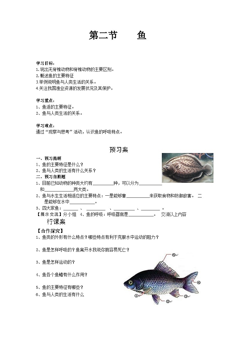 【核心素养】人教版初中生物七年级上册2.2.2.1《鱼》课件＋教案（含教学反思）+学案01