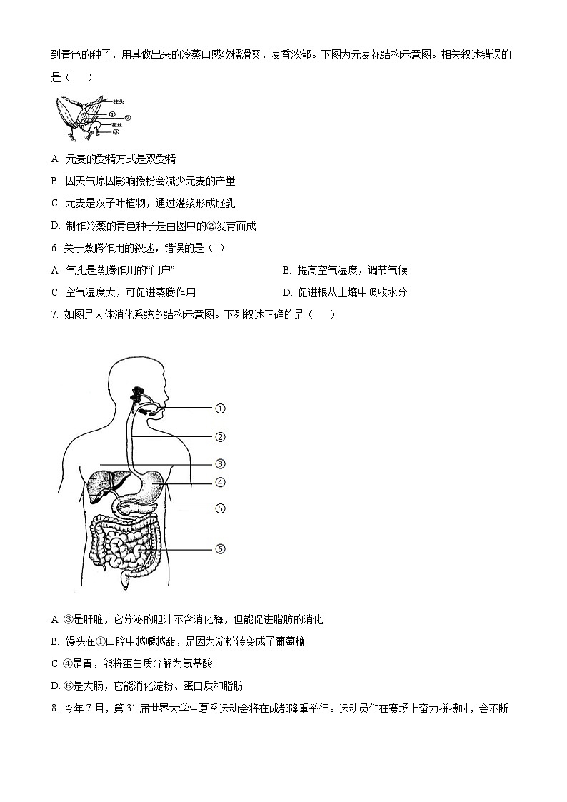2024年山东省淄博市北部中考一模生物试题（原卷版）02