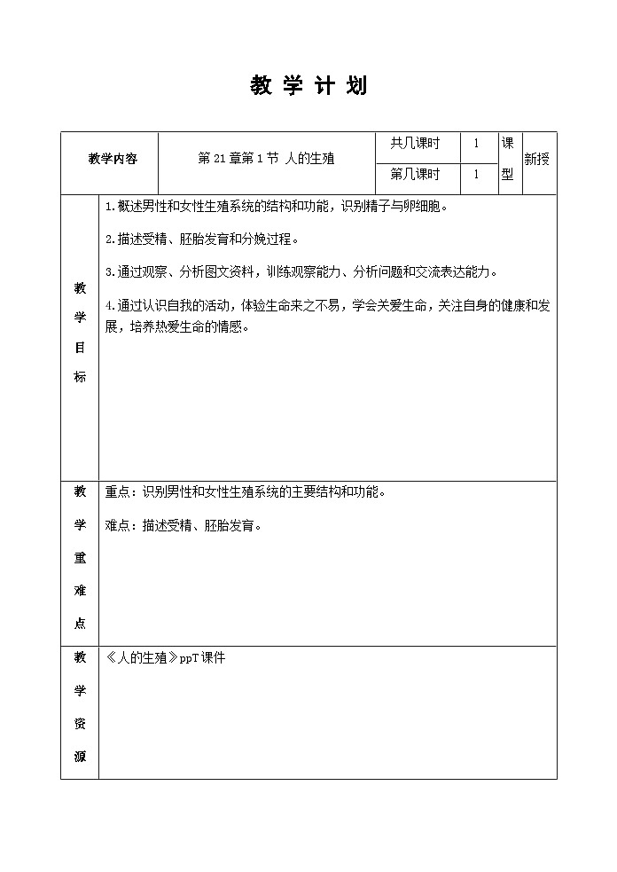 苏科版生物八年级上册7.21.1人的生殖教案01