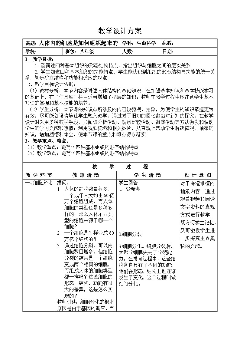 沪教版生物八年级第一册1.1人体是怎样构成的-人体内的细胞是如何组织起来的教案（表格式）第1页