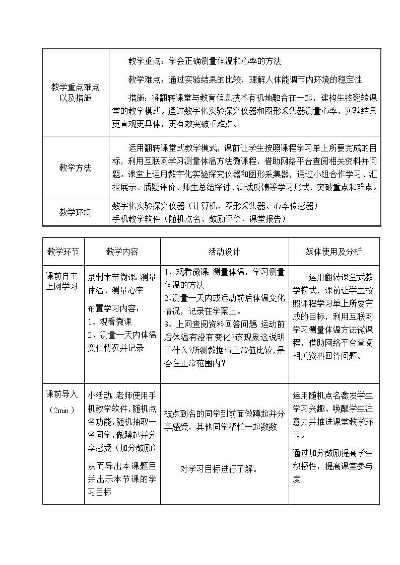 沪教版生物生命科学第一册 1.2 测量人体的体温、心率等生理数据（实验）教案（表格式）02
