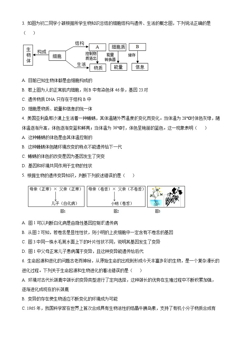 四川省达州市达川区2023-2024学年八年级下学期期末生物试题（原卷版+解析版）02