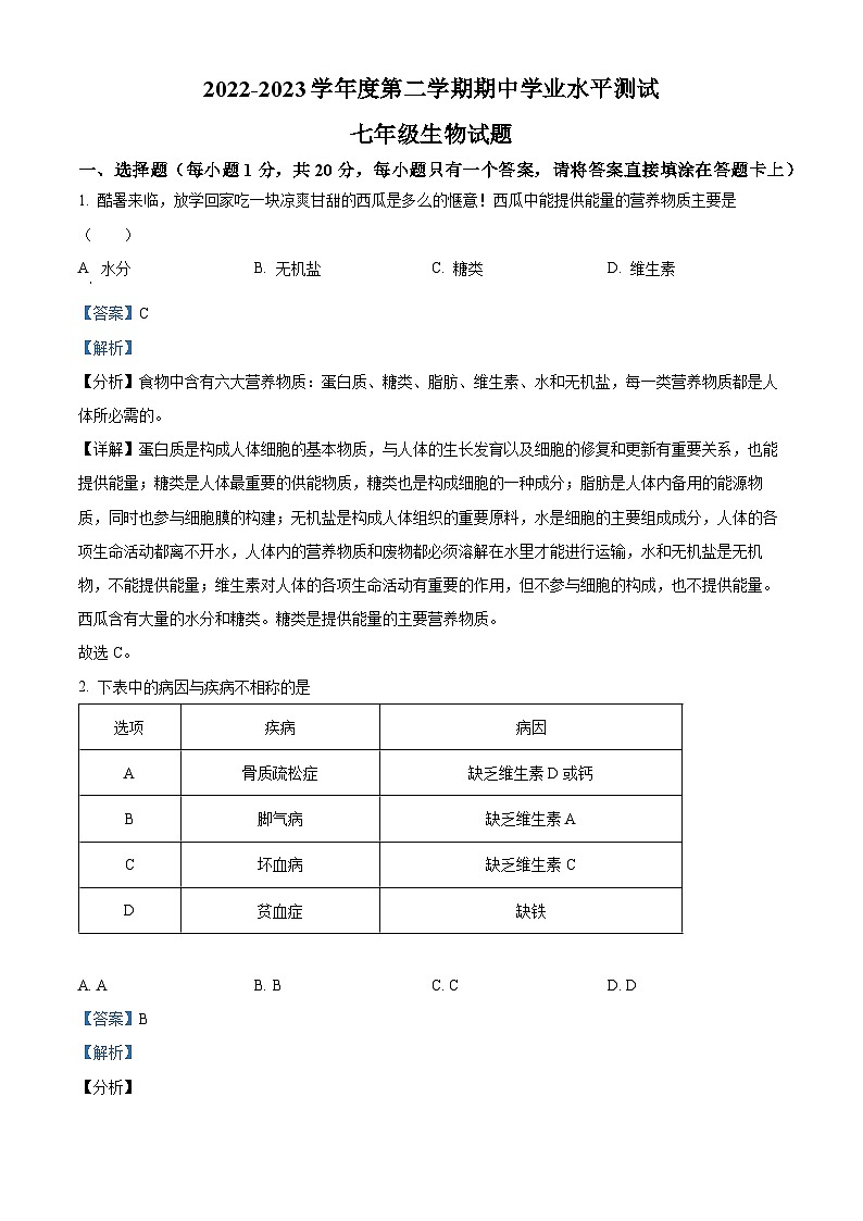 山东省菏泽市巨野县2022-2023年七年级下学期期中生物试题（解析版）第1页